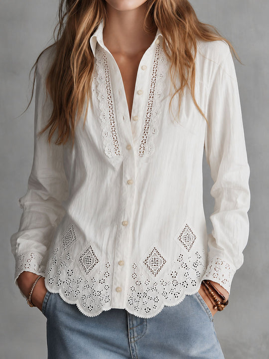 Boho Elegance White Eyelet Embroidered Button-Up Blouse
