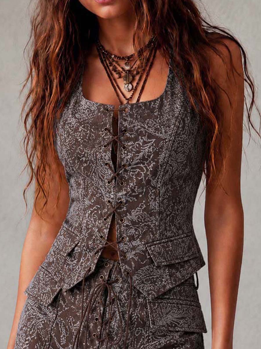 Paisley Print Square Neck Lace Up Printed Vest & Drawstring Shorts Two Piece Set