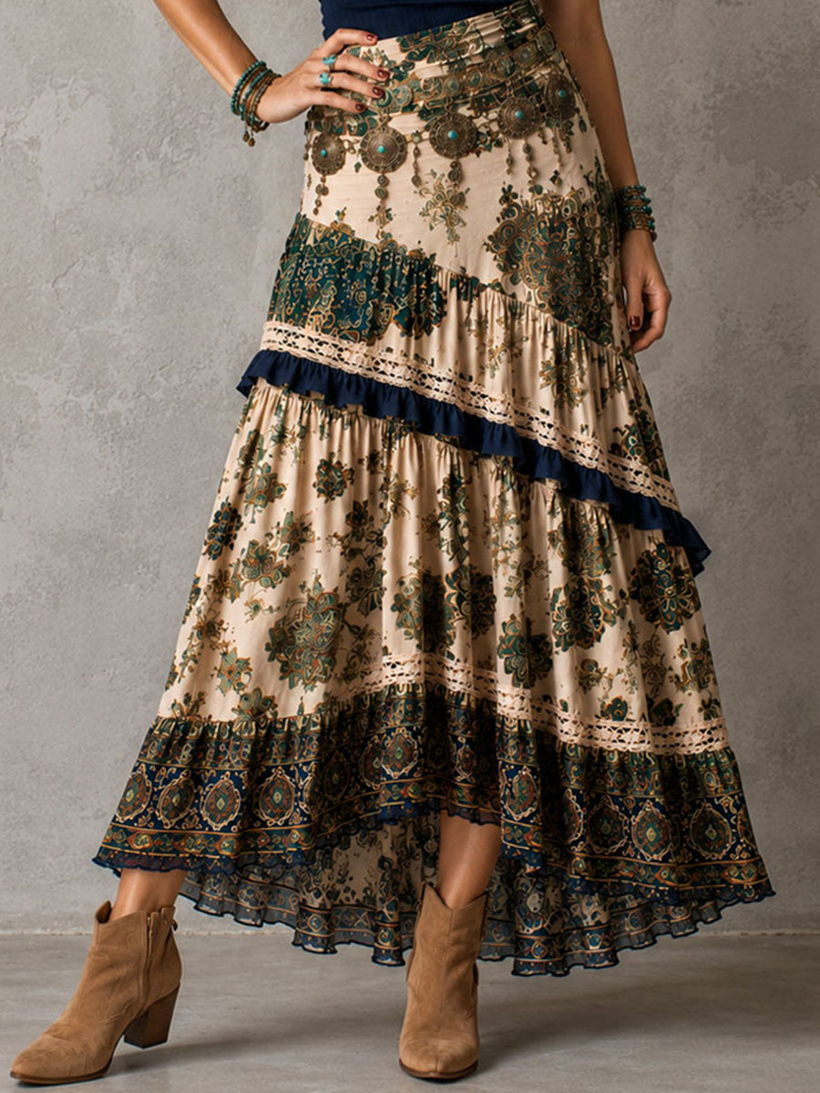 Vintage Boho Knit Tank Panel Floral Patchwork Skirt Maxi Dress