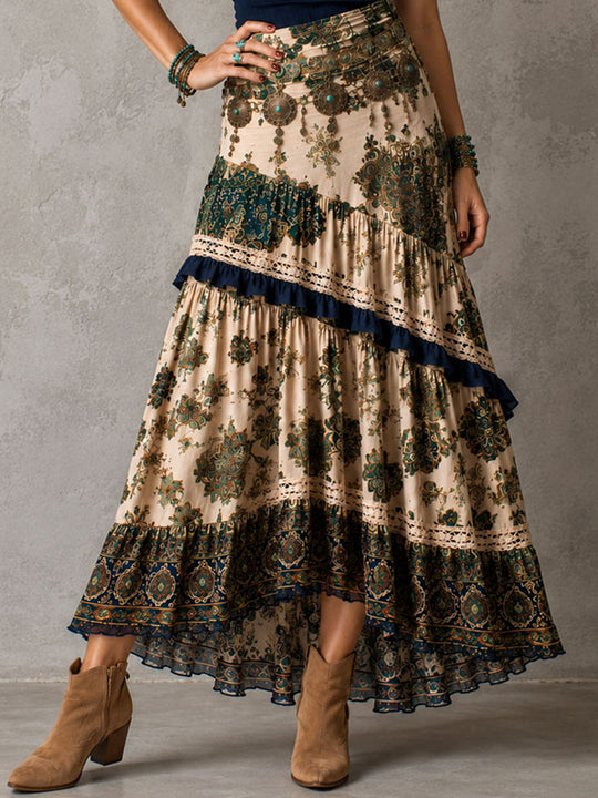 Vintage Boho Knit Tank Panel Floral Patchwork Skirt Maxi Dress