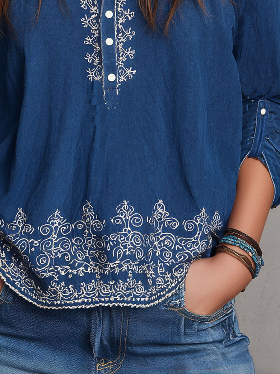 Boho Indigo Embroidered Roll Tab Sleeves Blouse