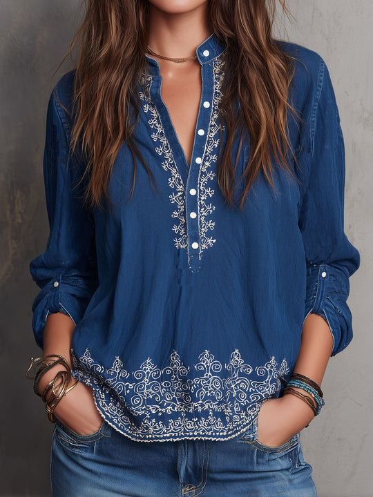 Boho Indigo Embroidered Roll Tab Sleeves Blouse