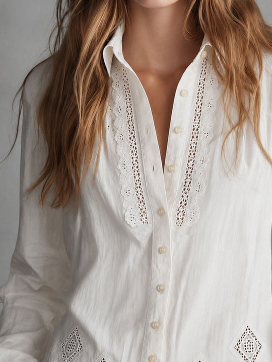 Boho Elegance White Eyelet Embroidered Button-Up Blouse