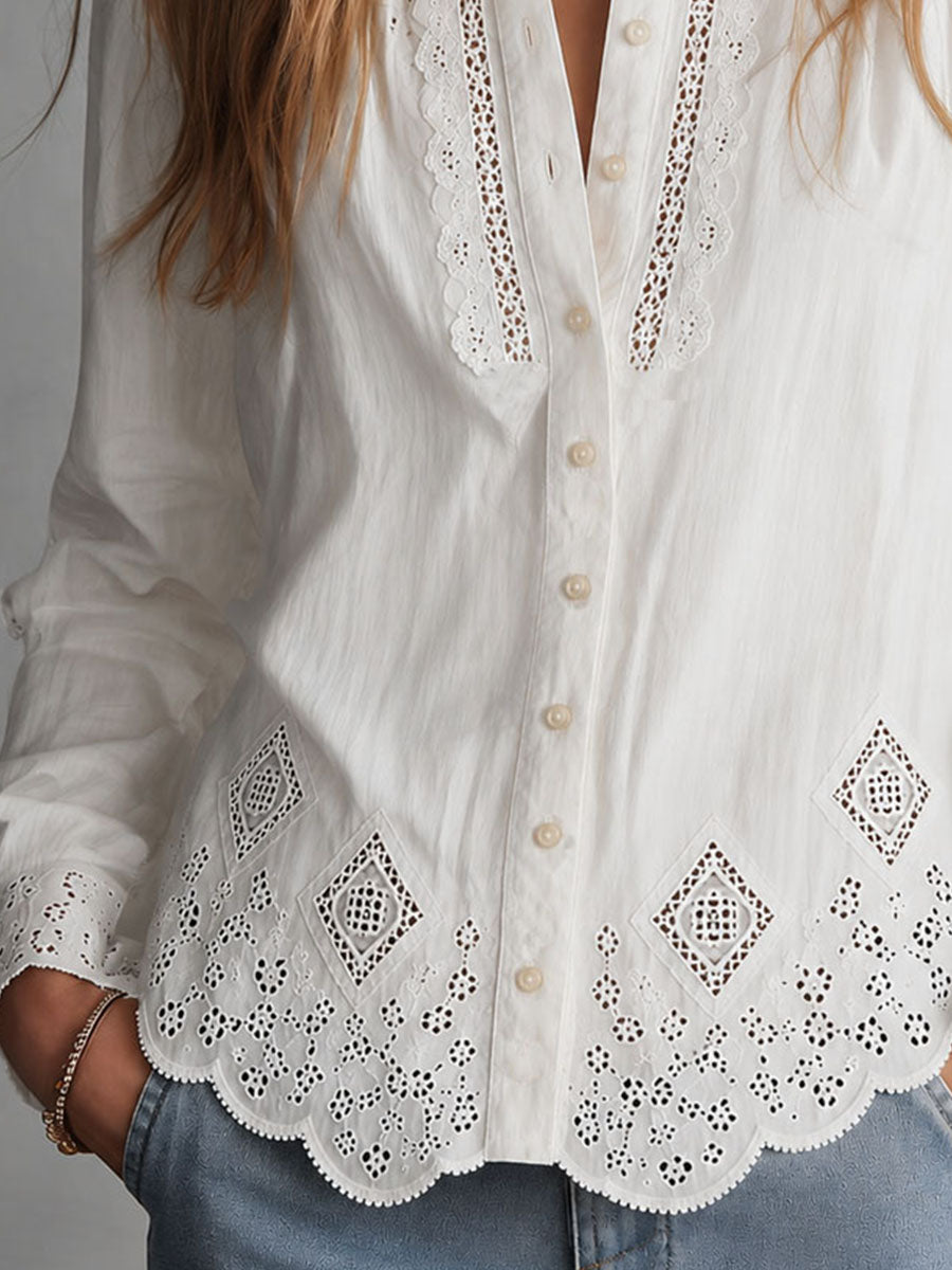 Boho Elegance White Eyelet Embroidered Button-Up Blouse