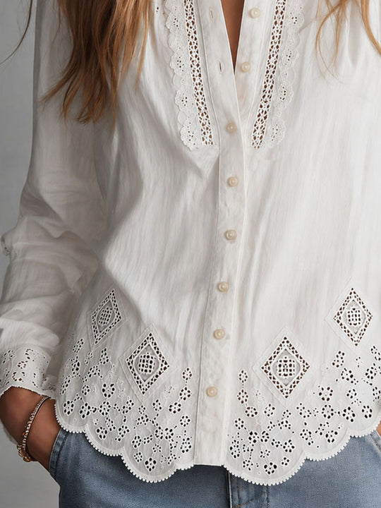 Boho Elegance White Eyelet Embroidered Button-Up Blouse
