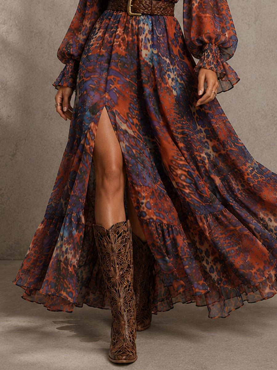 Boho Cold-Shoulder Halter Neck Abstract Print Chiffon Maxi Dress
