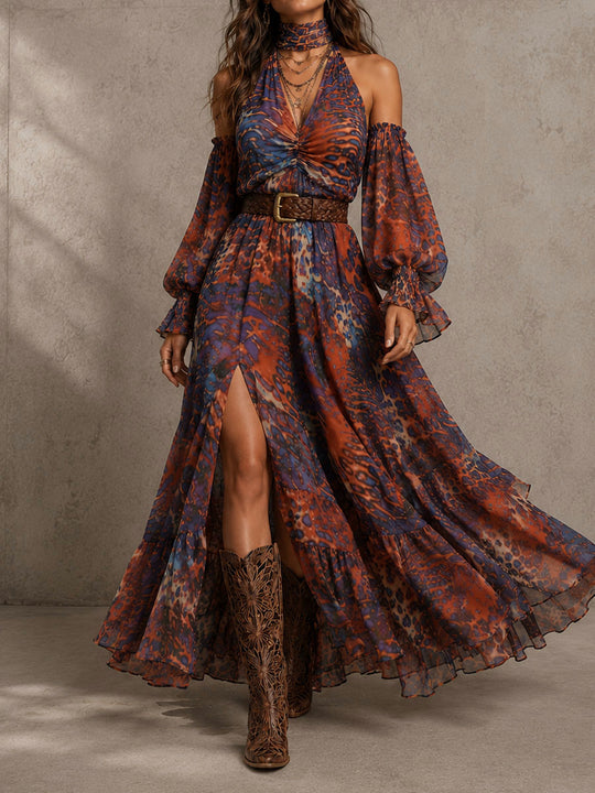 Boho Cold-Shoulder Halter Neck Abstract Print Chiffon Maxi Dress
