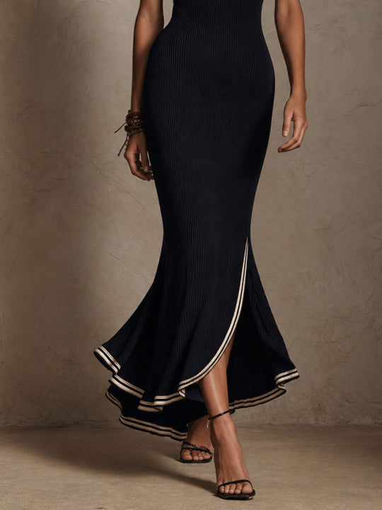Retro Black Ribbed Knit Contrast Trim Sleeveless Midi Dress