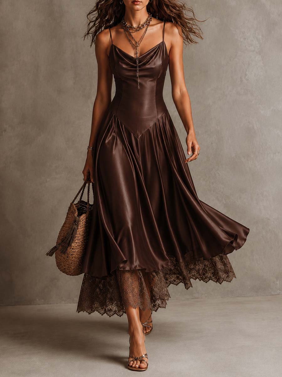Elegant Draped Cowl Neck Satin Spaghetti Strap Midi Dress With Lace Hem Underlayer