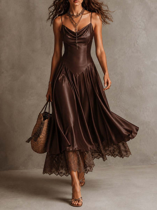 Elegant Draped Cowl Neck Satin Spaghetti Strap Midi Dress With Lace Hem Underlayer