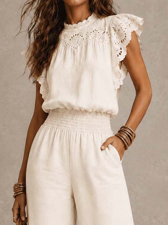 Boho Eyelet Embroidery Ruffle Sleeve Linen Jumpsuit