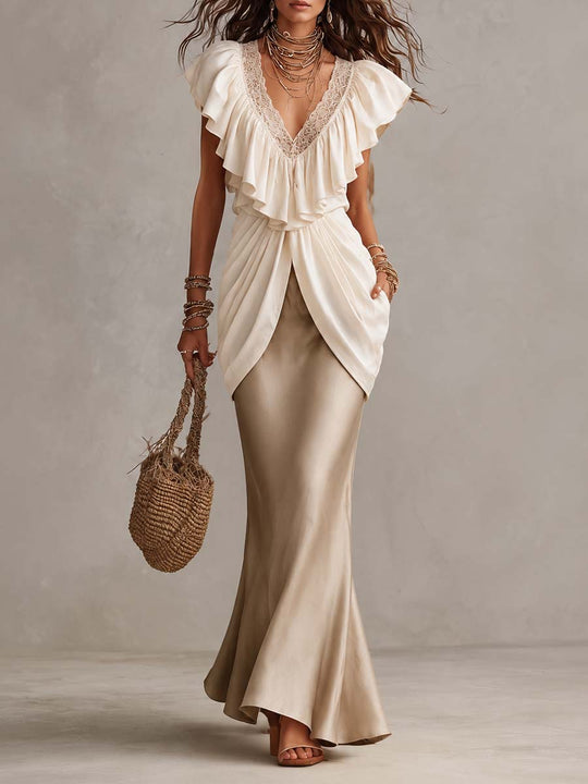 V Neck Ruffle Lace Trim Draped Overlay Satin Mermaid Maxi Dress