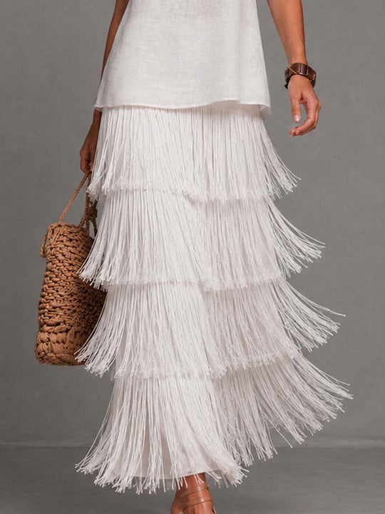 Elegant Linen Sleeveless Tank Top & Multi Layer Tassel Fringe Maxi Skirt Two Piece Set