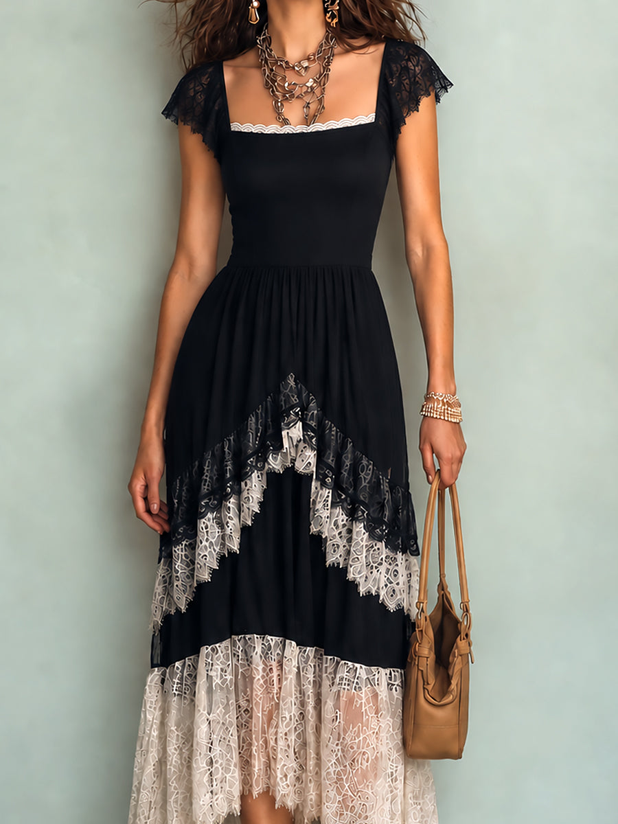 Vintage-style Color-block Short-sleeve Maxi Dress With Lace Trim