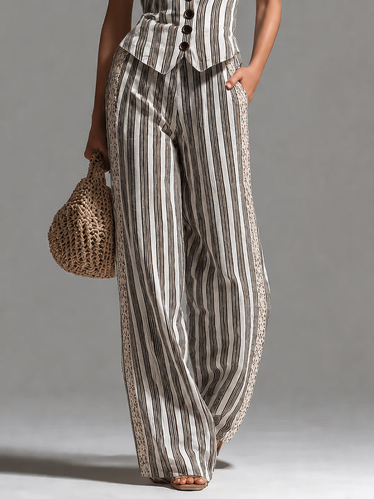 Retro Striped Slim-Fit Vest & Lace-Trimmed Wide-Leg Pants Set