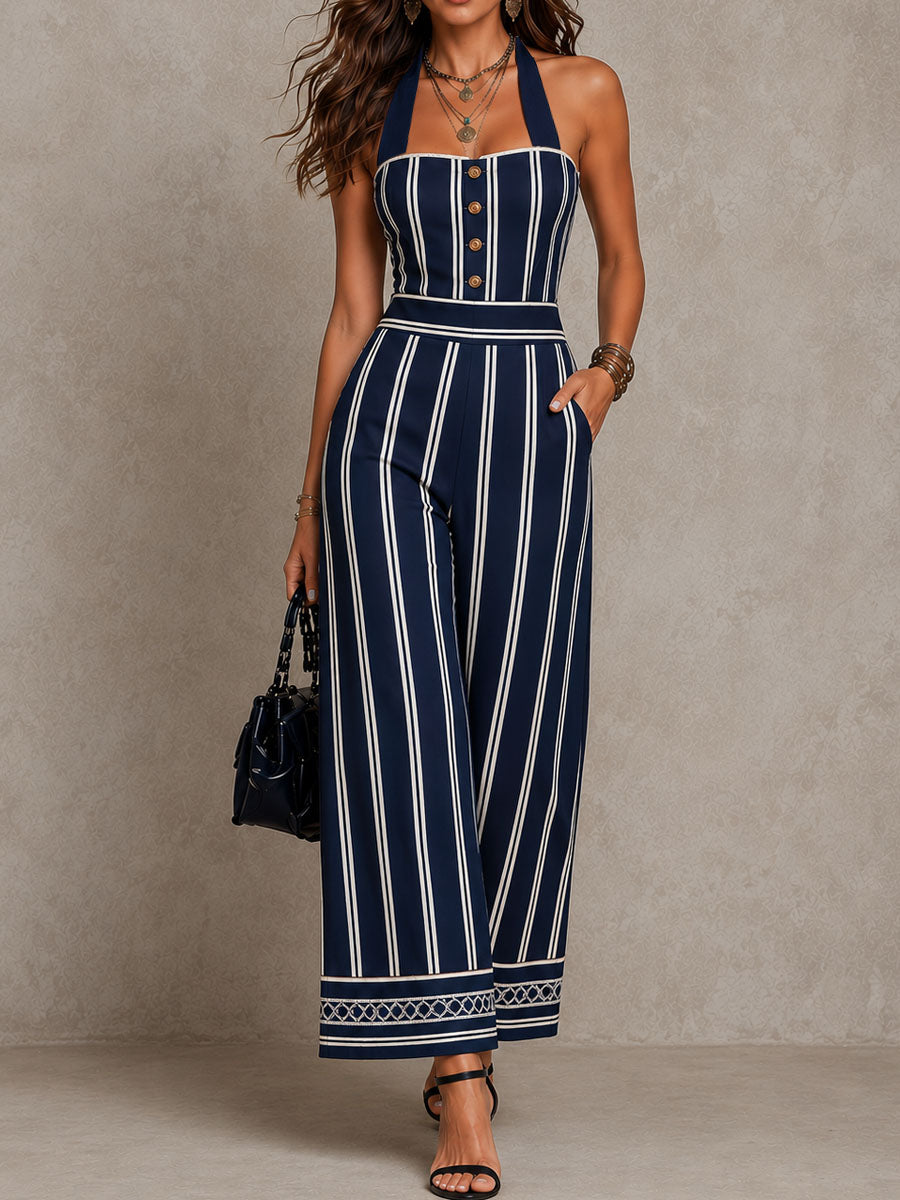 Retro Boho Navy Striped Halter Wide-Leg Jumpsuit