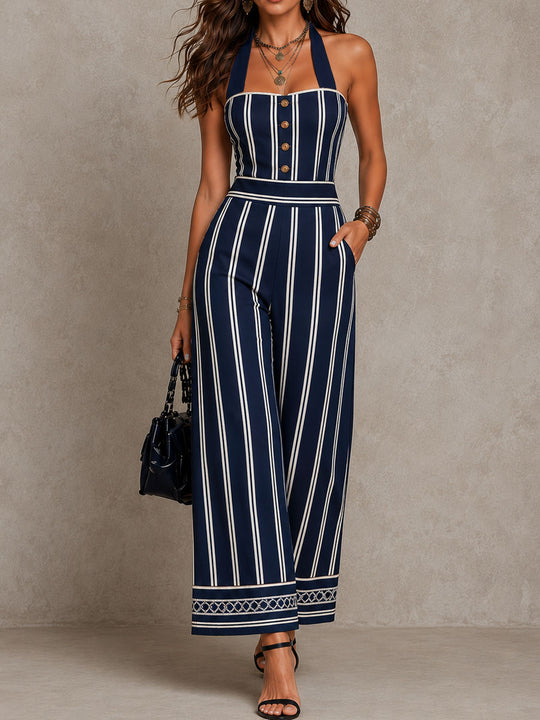 Retro Boho Navy Striped Halter Wide-Leg Jumpsuit
