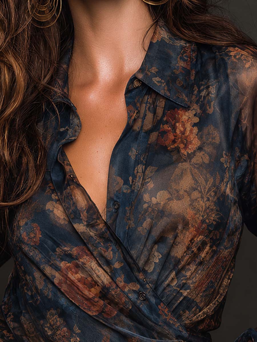 Elegant Collared Wrap-style Vintage Floral Sheer Blouse