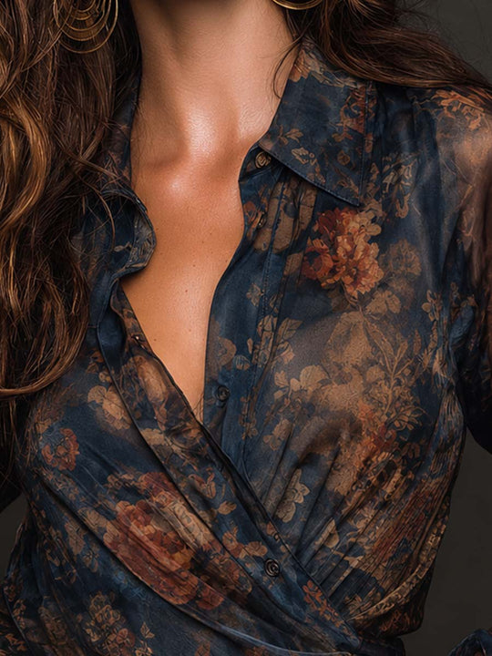Elegant Collared Wrap-style Vintage Floral Sheer Blouse