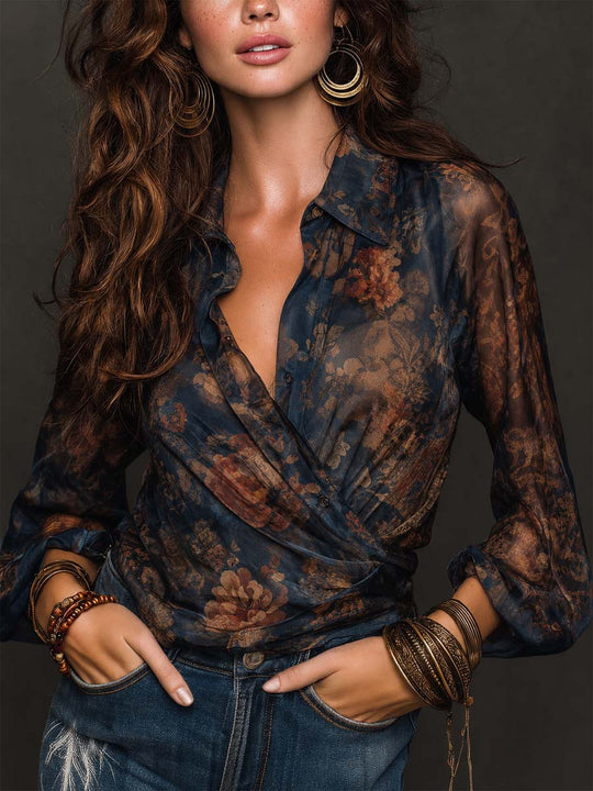 Elegant Collared Wrap-style Vintage Floral Sheer Blouse