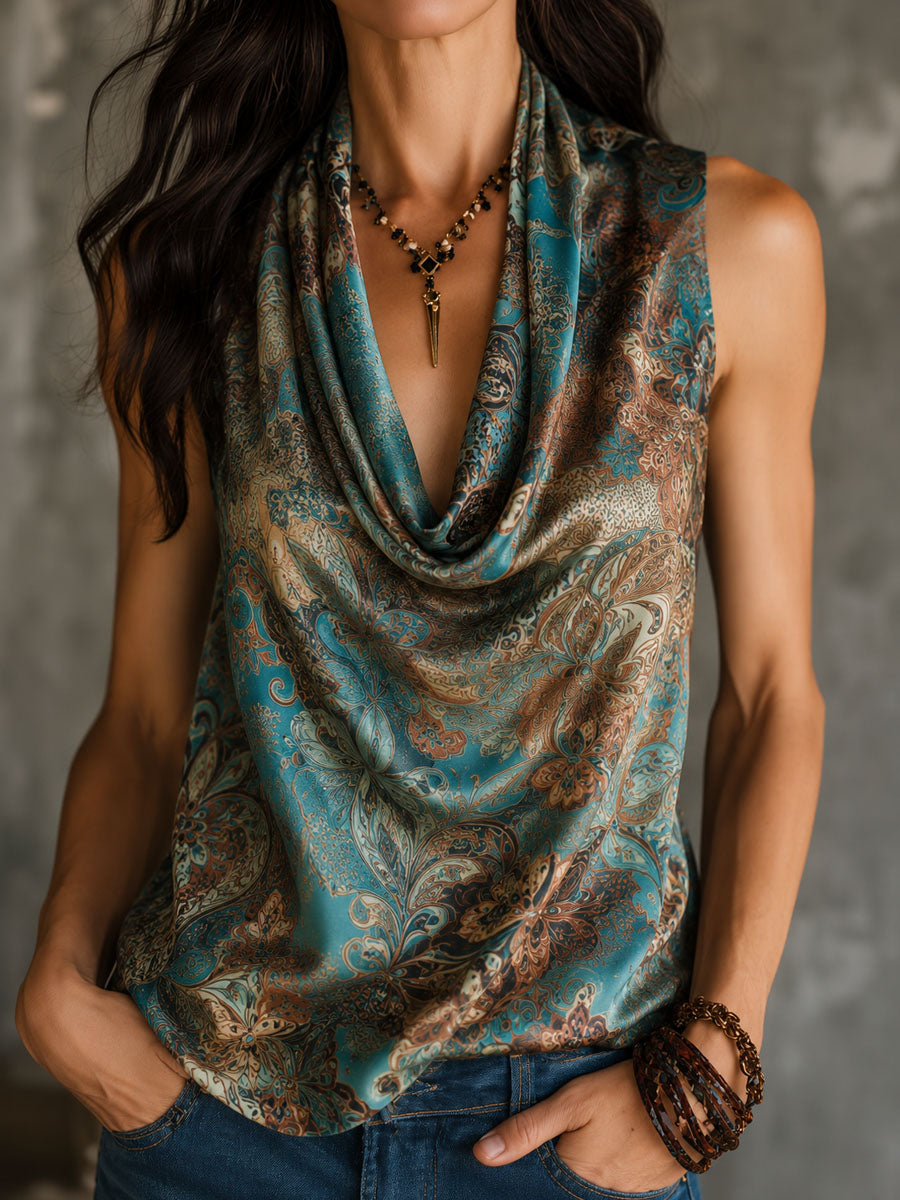 Retro Teal And Bronze Paisley Print Cowl Neck Silky Blouse