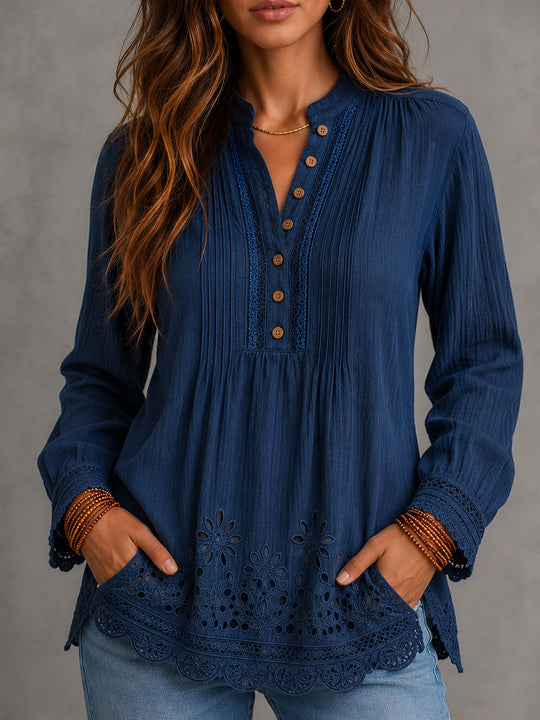 Boho Navy Cotton Eyelet Embroidered Blouse