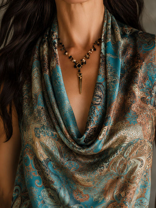 Retro Teal And Bronze Paisley Print Cowl Neck Silky Blouse