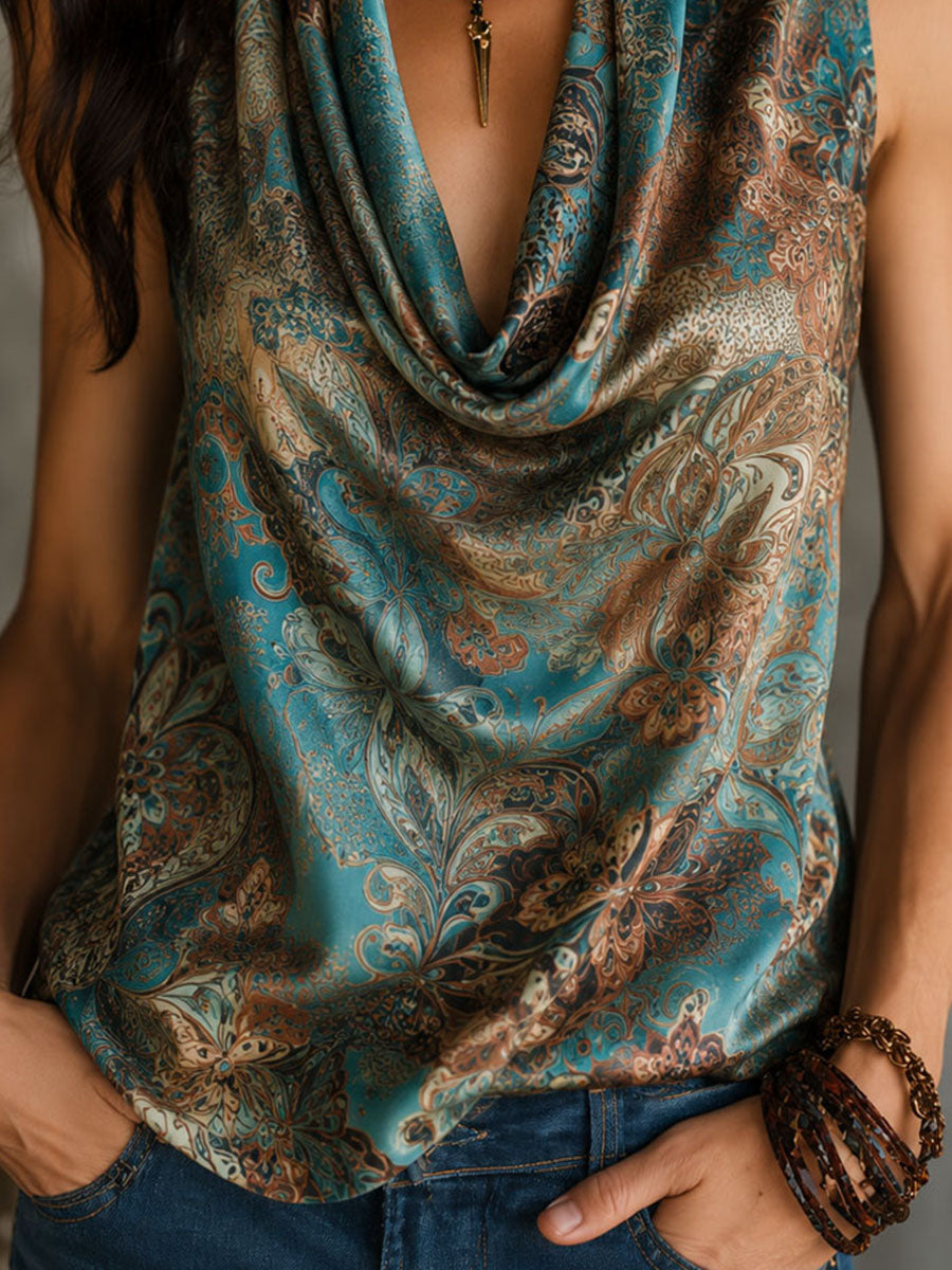 Retro Teal And Bronze Paisley Print Cowl Neck Silky Blouse