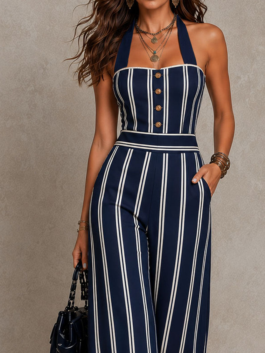 Retro Boho Navy Striped Halter Wide-Leg Jumpsuit