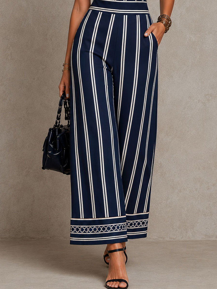 Retro Boho Navy Striped Halter Wide-Leg Jumpsuit