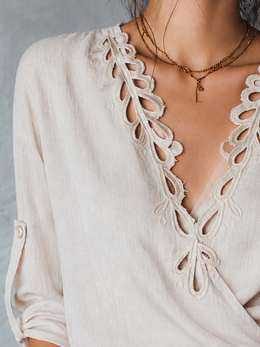 Boho Eyelet Cutout V Neck Wrap Tie Side Roll Tab Sleeve Linen Blouse