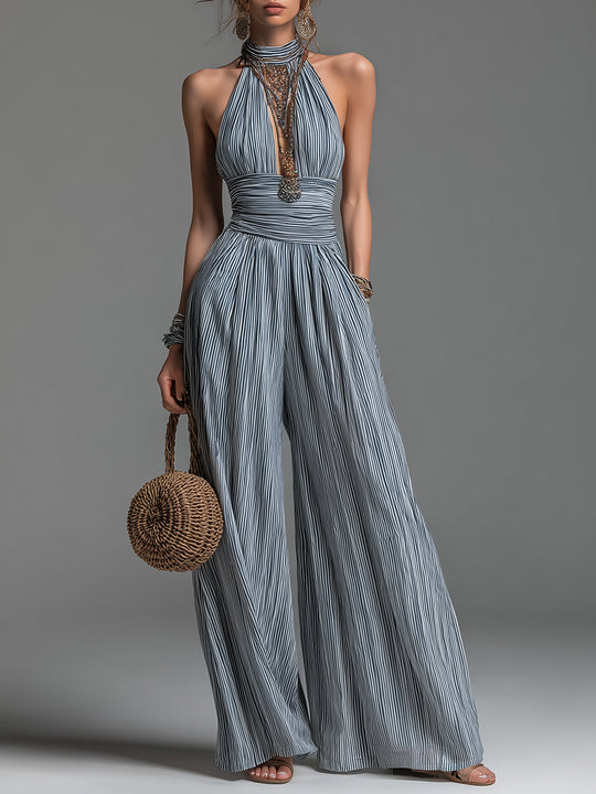 Retro Halter-Neck Striped Cotton-Blend Wide-Leg Jumpsuit