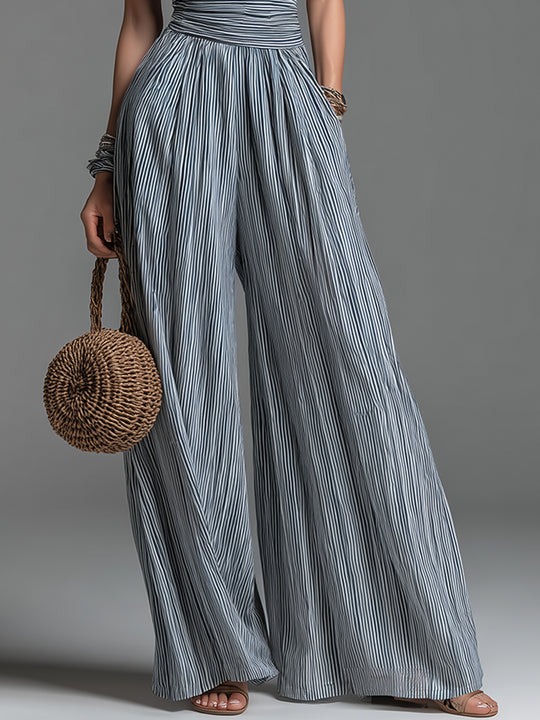 Retro Halter-Neck Striped Cotton-Blend Wide-Leg Jumpsuit