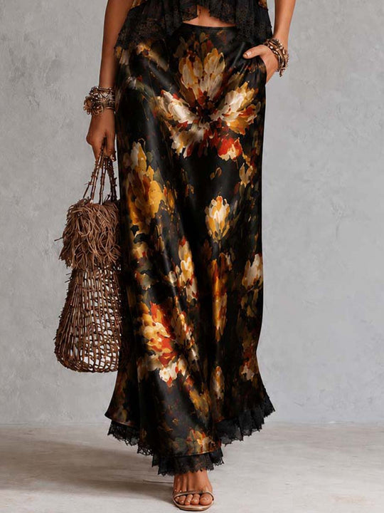 Retro V-Neck Lace Trim Floral Print Satin Cami Top & Midi Skirt Two Piece Set