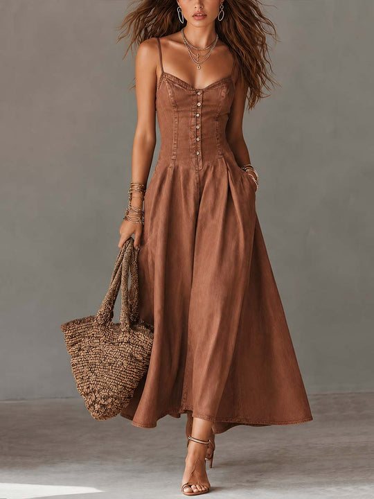 Vintage-style Spaghetti-strap Denim Midi Dress