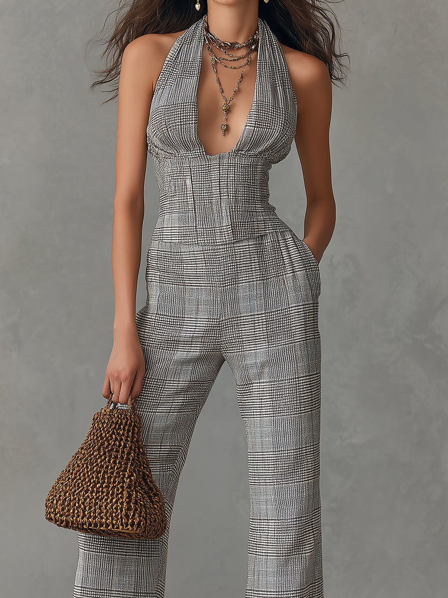 Quiet Luxury Plaid Straight-Leg Halter Jumpsuit
