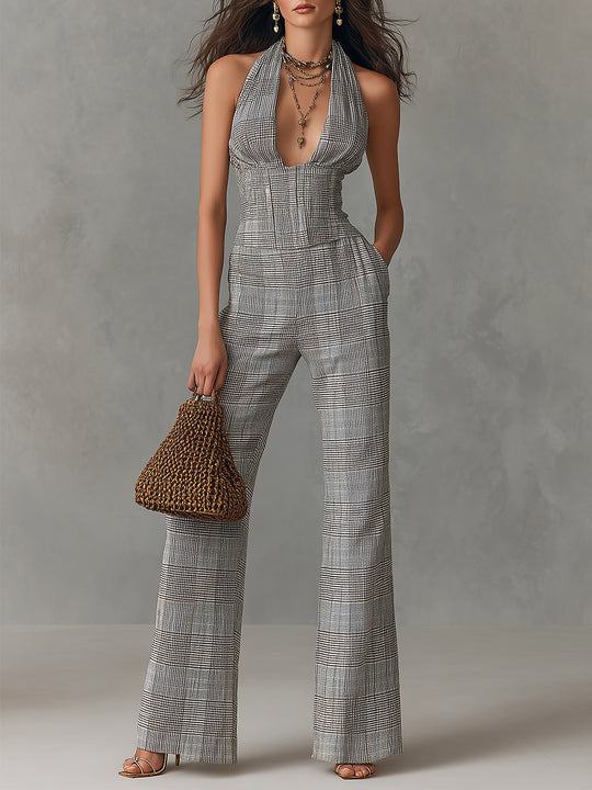 Quiet Luxury Plaid Straight-Leg Halter Jumpsuit
