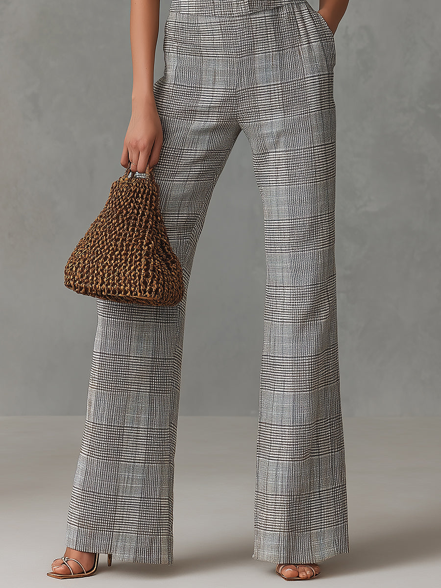 Quiet Luxury Plaid Straight-Leg Halter Jumpsuit