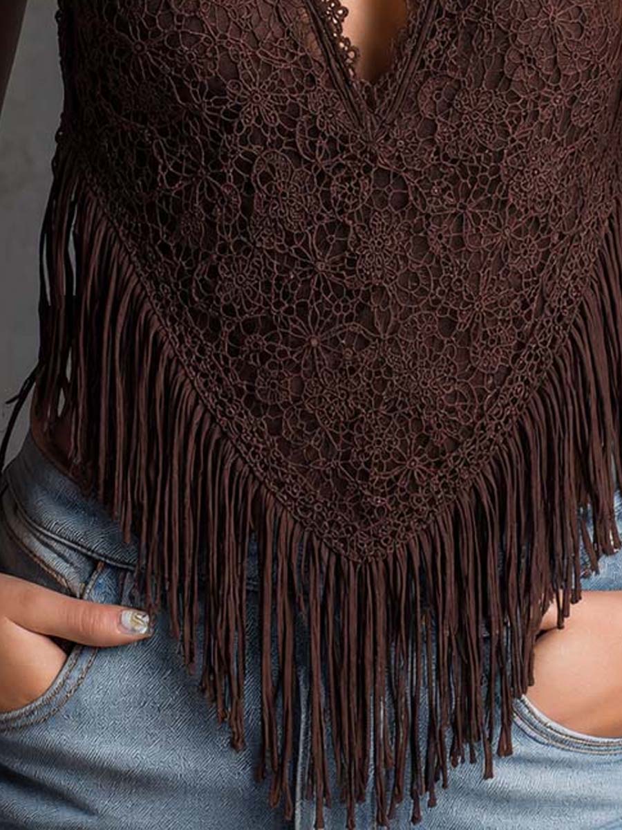 Boho Halter V Neck Lace Fringe Hem Sleeveless Crop Top
