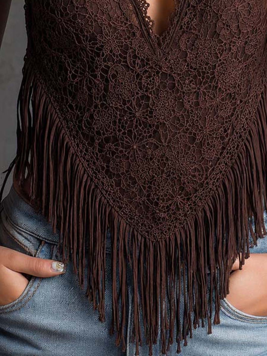 Boho Halter V Neck Lace Fringe Hem Sleeveless Crop Top