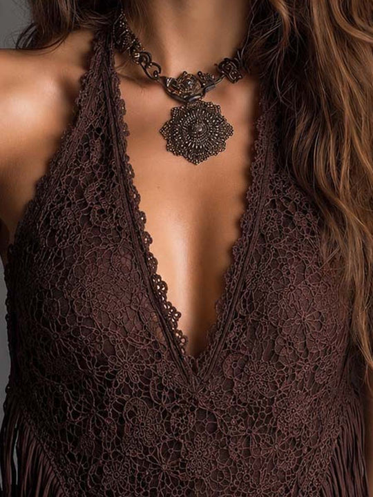 Boho Halter V Neck Lace Fringe Hem Sleeveless Crop Top