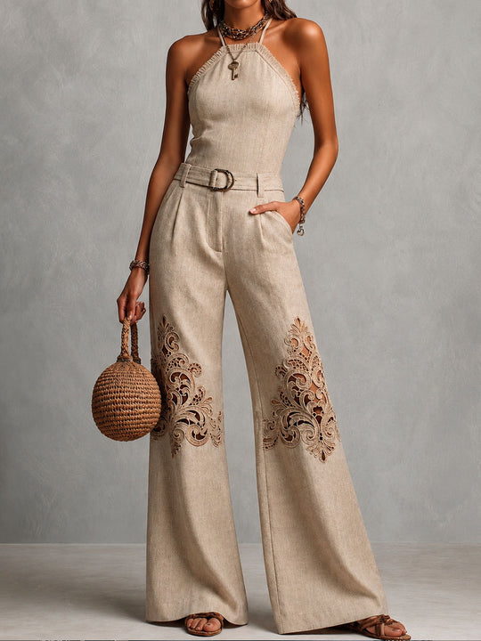 Boho Resort Beige Cutwork Embroidery Halter Belted Wide-Leg Jumpsuit