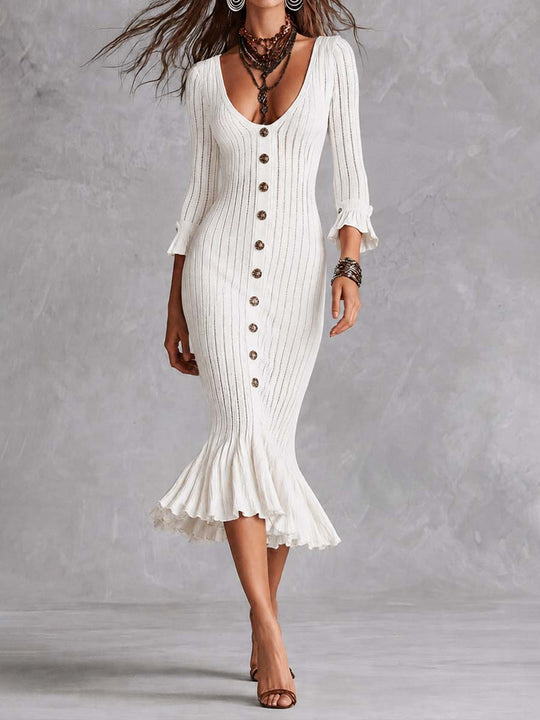 Elegant V Neck Button Front Ribbed Knit Ruffle Cuff Mermaid Midi Dress