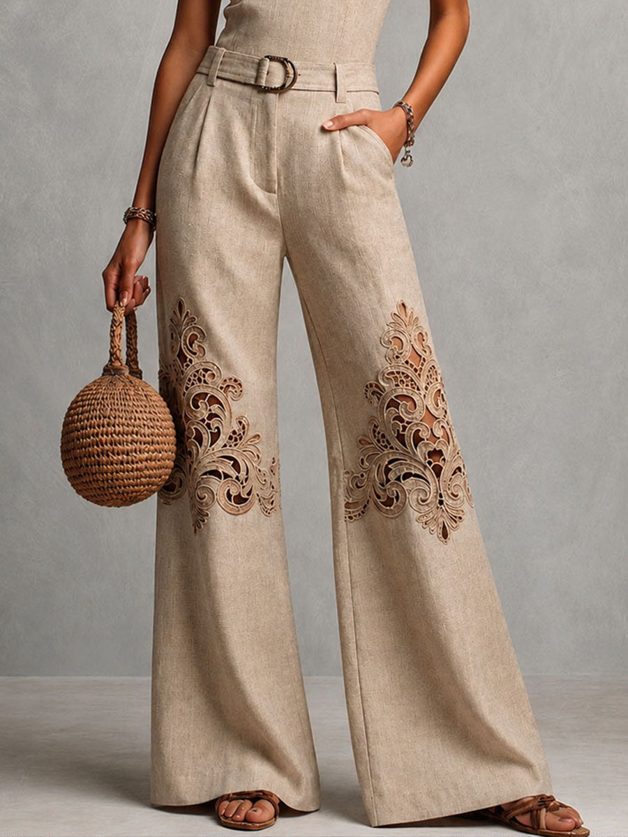 Boho Resort Beige Cutwork Embroidery Halter Belted Wide-Leg Jumpsuit