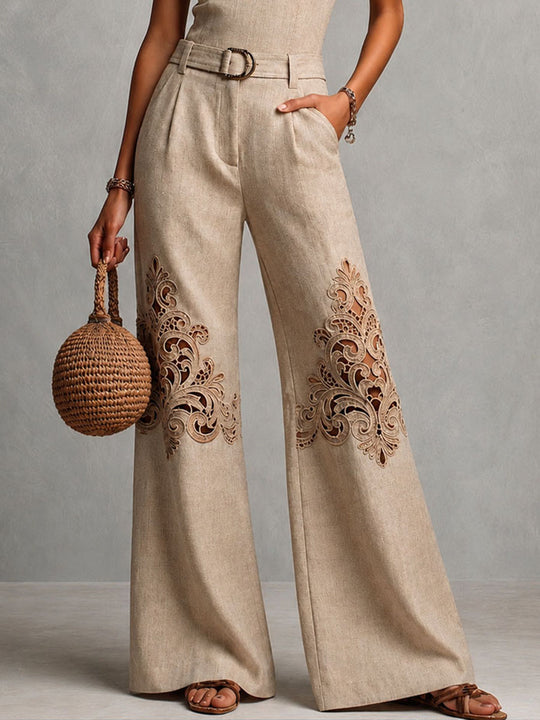 Boho Resort Beige Cutwork Embroidery Halter Belted Wide-Leg Jumpsuit