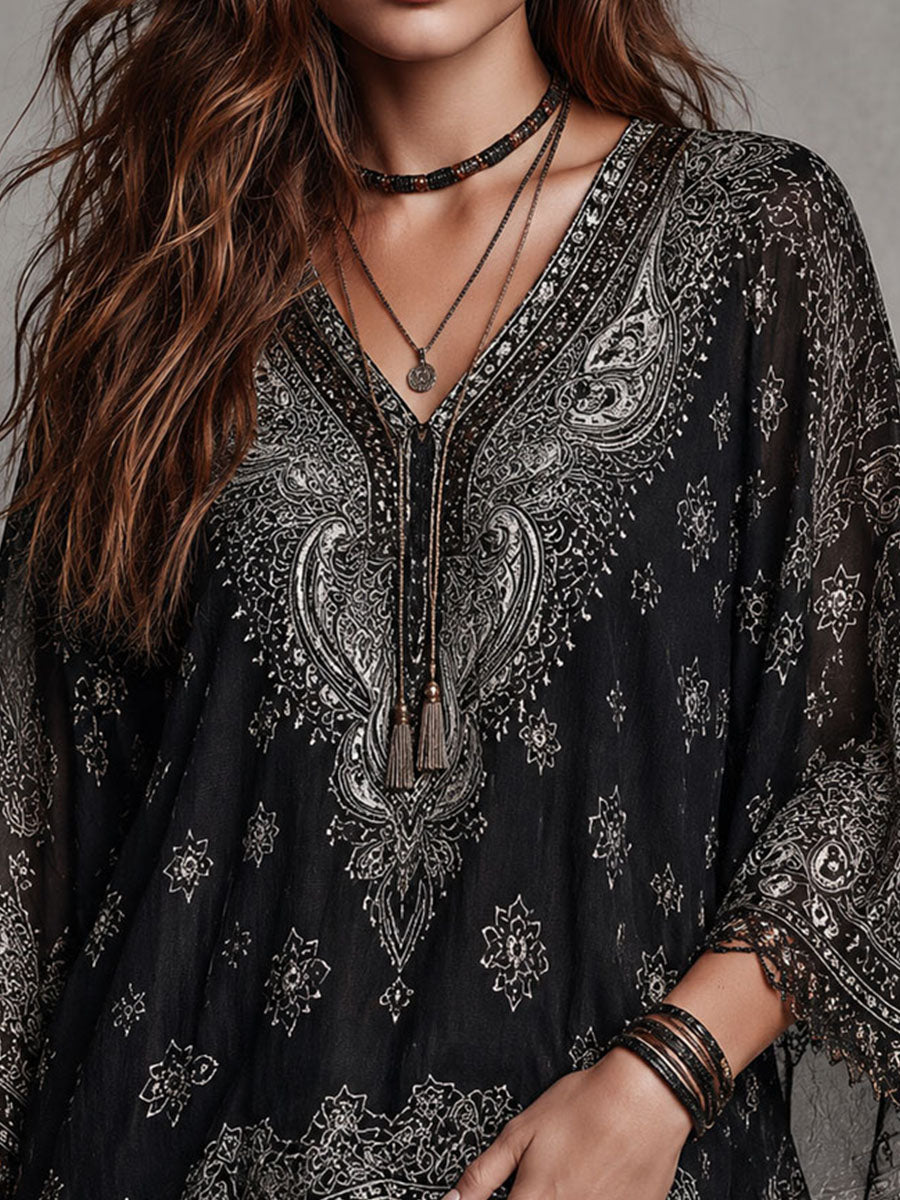 Black Boho Paisley Sheer Chiffon Blouse With Lace Trim