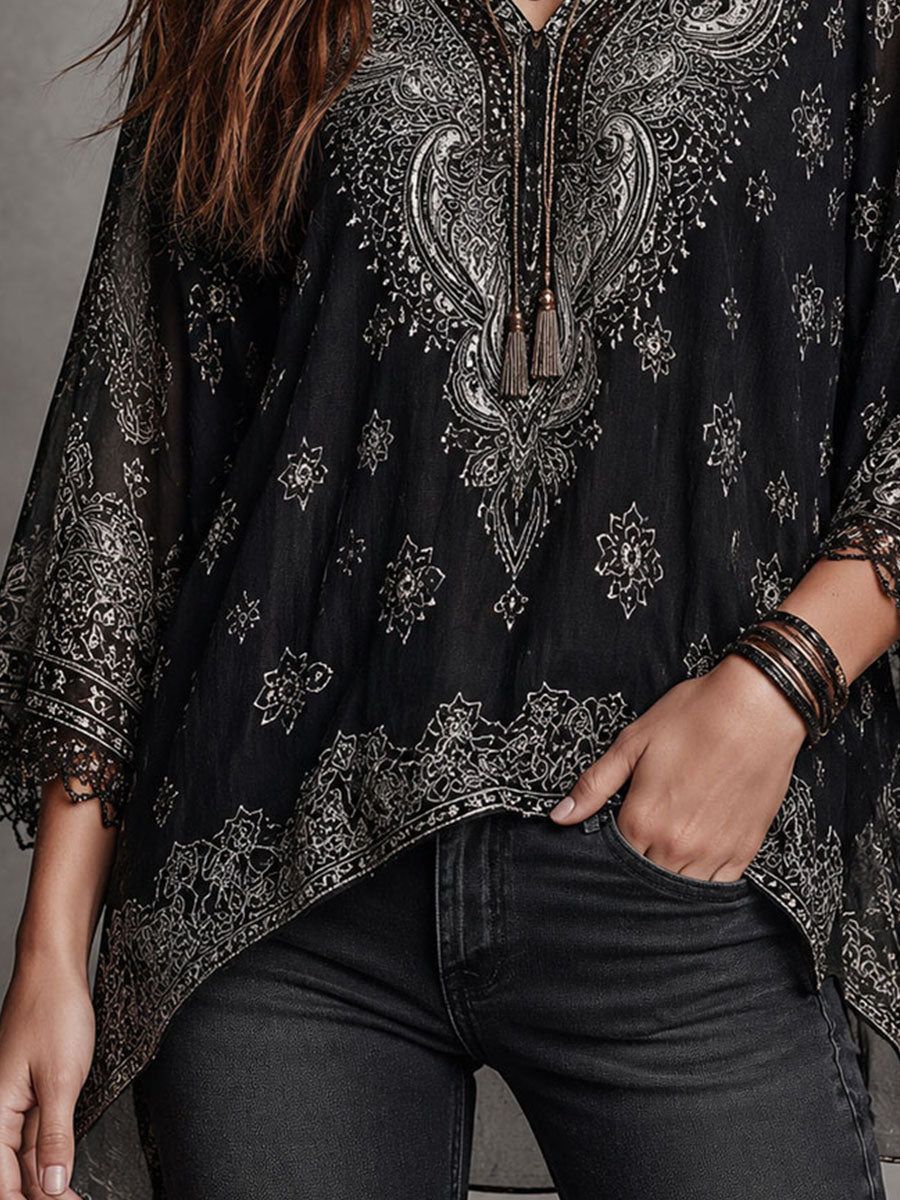Black Boho Paisley Sheer Chiffon Blouse With Lace Trim
