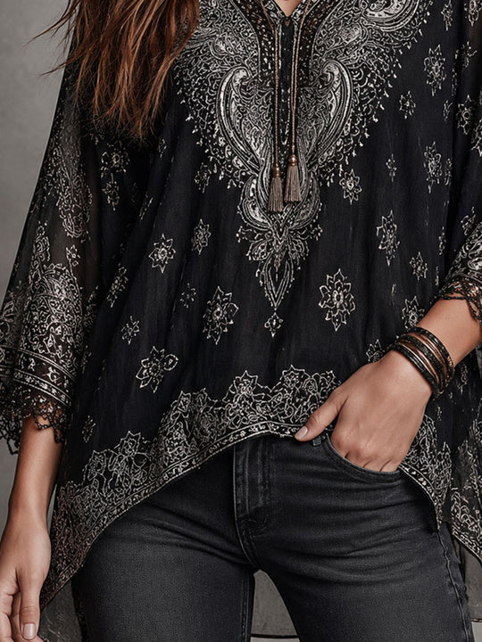Black Boho Paisley Sheer Chiffon Blouse With Lace Trim