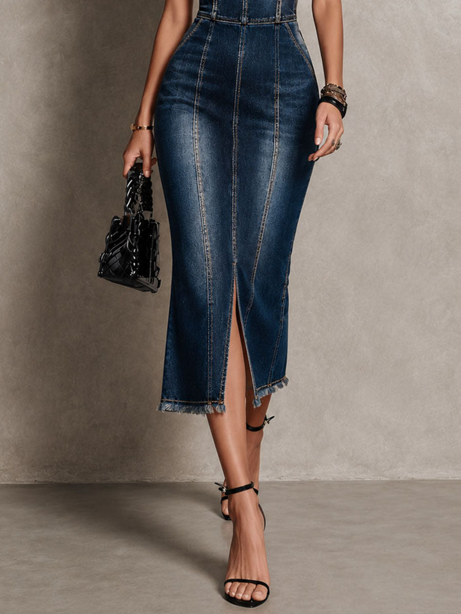 Retro Dark Wash Denim Corset Front Slit Midi Dress With Frayed Hem