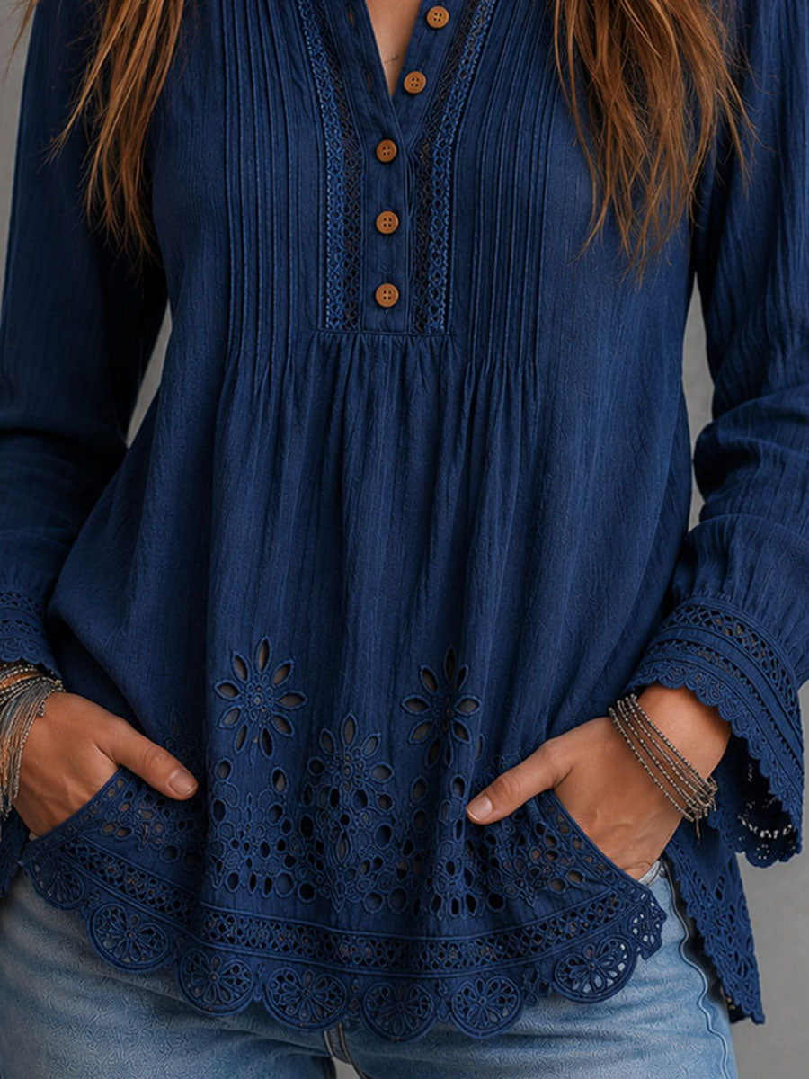 Boho Navy Cotton Eyelet Embroidered Blouse